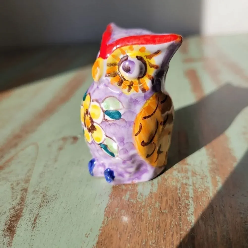 Italian Sorrento Handpainted Floral Folk Art Pottery Owl Figurine